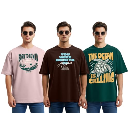 Image of Cotton Blend Oversized Baggy Fit Drop Shoulder Round Neck Graphic Printed Half Sleeve T-Shirt Combo for Men (Pack of 3) (Available Sizes: S to 2XL)