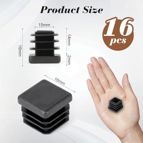 OSDUE Square Plastic End Caps, 16PCS 16 * 16mm Black Plastic Plug, Non-Slip Furniture Feet Pads - Image 2