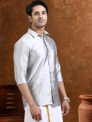 Image of Tattva Men Silk Blend Ethnic Shirt | Traditional South Indian Wear for Wedding, Festivals & Casual Wear