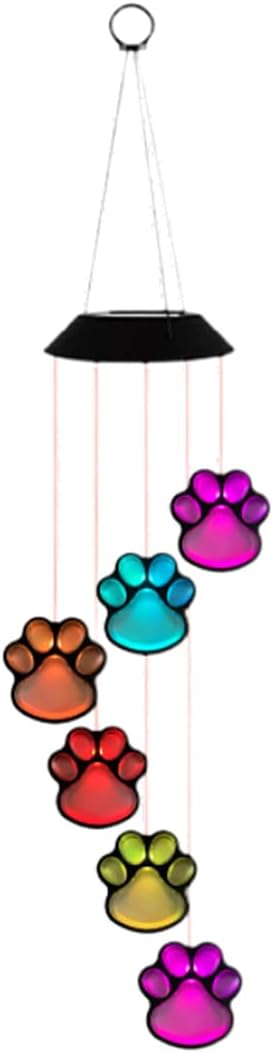Solar Wind Chimes, LED Lamp Paw Print Solar Wind Chime, IP65 Waterproof Dog Cat Pet Pawprint Solar Hanging Light Color Changing Solar Wind Chime Lamp for Outdoor Patio Garden Decor