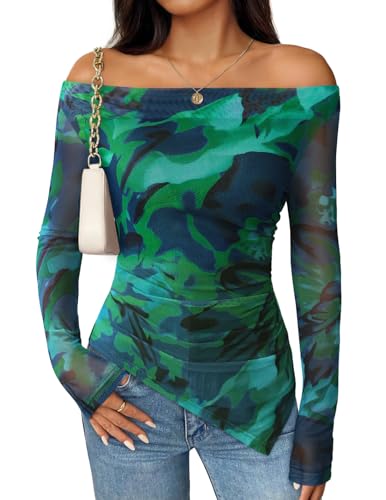 ZESICA Women's Floral Mesh Long Sleeve Going Out Tops 2025 Fall Sexy Off The Shoulder Blouse Asymmetrical Date Night Shirts