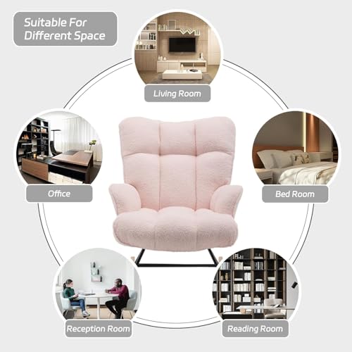 Image of SAETSFEG Rocking Chair Nursery Teddy Upholstered Glider Rocker Rocking Accent Chair Padded Seat with High Backrest Armchair Comfy Side Chair for Living Room Bedroom Offices (Pink Teddy)