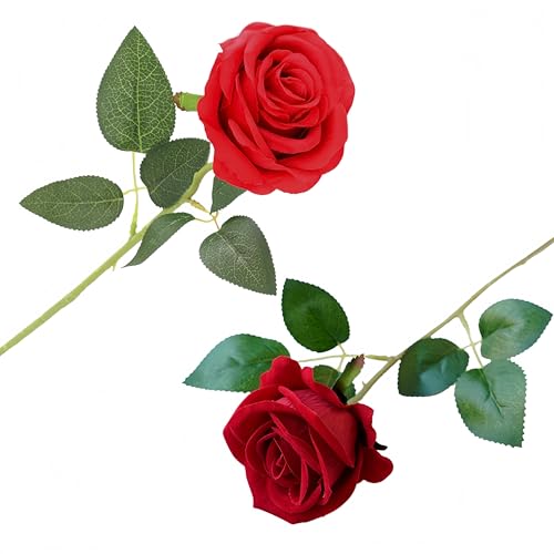 XQLY 2 PCS Red Artificial Rose Flowers - Lifelike Artificial Flowers with Stems for Weddings, Real Touch Red Roses, Home Decor, Party Centerpieces, Valentine's Day