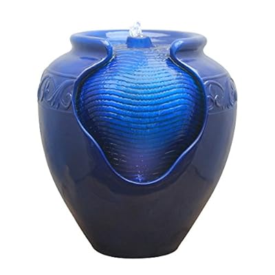 Teamson Home 16.96 in. Outdoor Glazed Pot Water Fountain with LED Lights, Built-in Pump to Create a Calming Oasis in Gardens, Landscaping, Patios, Balconies, Lawns, Royal Blue