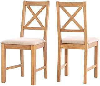 Hallowood Furniture Solid Oak Small Dining Chairs Set of 2 with Linen Fabric Seat Pad in Natural Beige Colour - Modern & Stylish Cross Back Kitchen Chairs for Dining Room, Home, Restaurant & Café