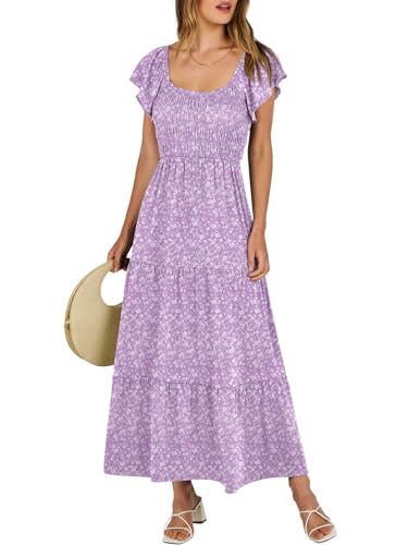 ANRABESS Women’s Casual Summer Maxi Dress Flutter Short Sleeve Scoop Neck Smocked A Line Flowy Beach Vacation Long Dresses