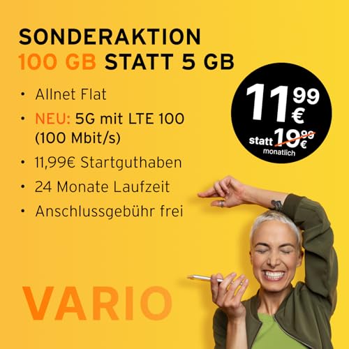 Vario L | 100 GB | 11,99 EUR/Mon. | Startguthaben 11,99 EUR | LTE 100 im Vodafone 5G-Netz | Telefon- SMS-Flat | EU-Roaming | 24 Mon. Laufzeit (Versand per E-Mail)
