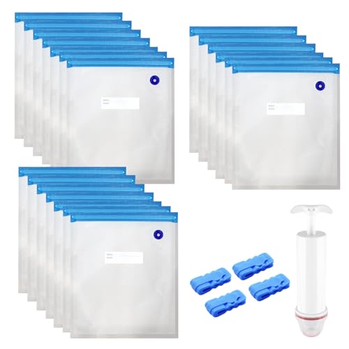20 Stück 30x34cm Vakuumbeutel Lebensmittel Wiederverwendbar mit Ventil Reißverschluss Pumpe Dichtungsklammern Vakuumversiegelte Bags Sous Vide Vakuumierbeutel Vakuumierer Zuhörer Essen Fleisch
