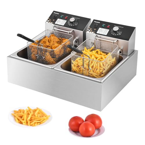 Deep Fryer with Basket, 3400w 9.1Qt Oil Tank / 4Qt Basket x 2, Stainless Steel Countertop Electric Fryer for Home and Commercial Use, Oil Fryer with Temperature Control and Double Overheat Protection