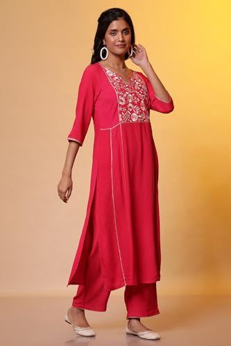 Image of Aurelia Women's Pink Metallic Embroidered Kurta and Palazzo Co-ord Set