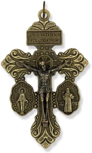 Gifts Catholic Inc. 3-Way Pardon Indulgence Crucifix with Miraculous & St Benedict Medals 2 1/8" - Bronze