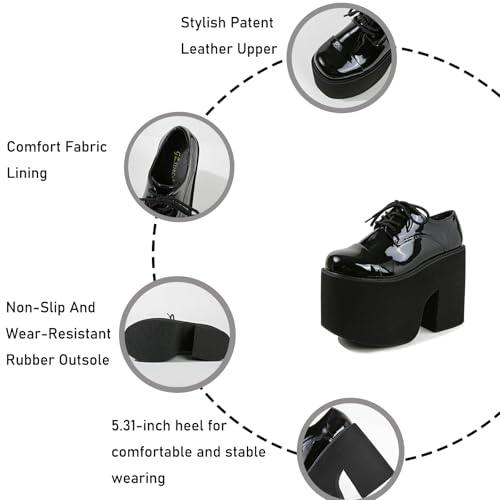 Women's Patent Leather Lace-Up Gothic Chunky Platform Shoes Fashionable Round Toe Super High Heel Heightening Non-Slip Dress Oxford Shoes4