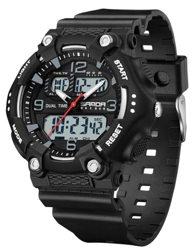 Gosasa Fashion Men's and Women's Digital Analog Sports Watch Dual Time Display 50M Waterproof Outdoor Wristwatch with LED Backlight, Shock Resistant, TPU Band (Black)
