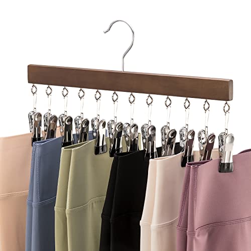 Cinpiuk Legging Organizer For Closet, Wooden Hangers With Clips Holds 12 Leggings/Yoga Pants/Jeans/Skirts, Hanging Pants Hangers W/Rubber Coated Clips Space Saving Closet Organizer, Walnut #TOP5