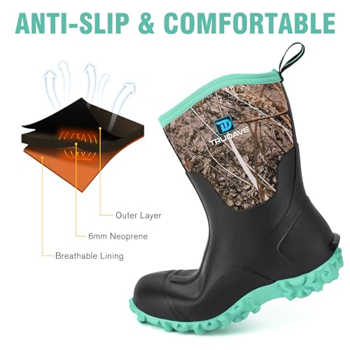 Image of Trudave Rubber Boots for Women with Steel Shank, 6mm Neoprene Mid Calf Rain Boots, Waterproof Insulated Mud Work Boots All Season, Size 5-11