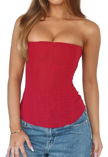 Women Y2k Strapless Bustier Corset Back Zip Mesh Boned Bodyshaper Tube Top Sexy Going Out Bustier Tops (Red S)