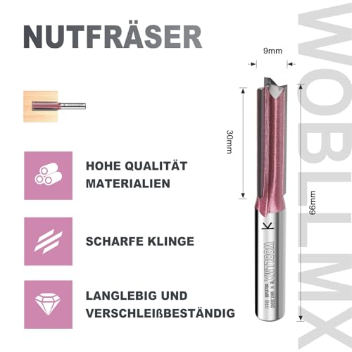 WOBLLMX 3 Klingen Nutfräser 8mm Schaft,Ø9mm Arbeitslänge 30mm Professional Hartmetall Bestückt Nutfräser Standard für Holz Dichteplatte Zubehör Handfräse