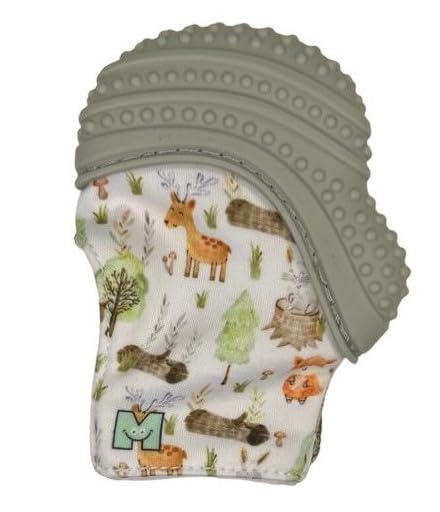 Malarkey Kids Baby Teething Mitten, Munch Mitt Baby Chew Toy - Protects Hands from Chewing & Saliva, Heals Aching Gums, Promotes Sound & Visual Stimulation for Babies Up to 1-Year-Old (Grey Woodland)