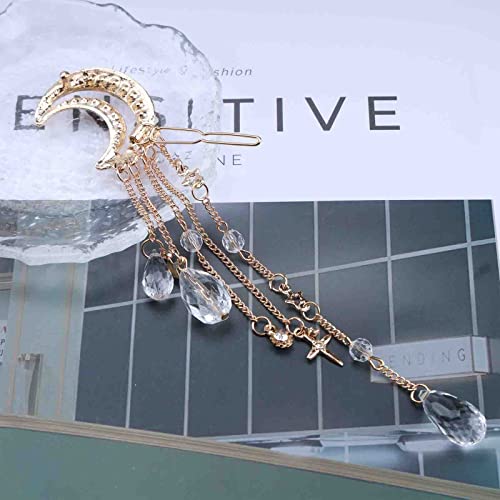 Erimberate Bohemian Moon Star Hair Clip Paved Moon Hair Barrette Gold Crystal Drop Hair Pins Clip Dangle Crystal Tassel Hair Barrette Headclip Rhinestone Headwear Decorative Hair Accessories Jewelry For Women And Girls (Gold) #TOP5