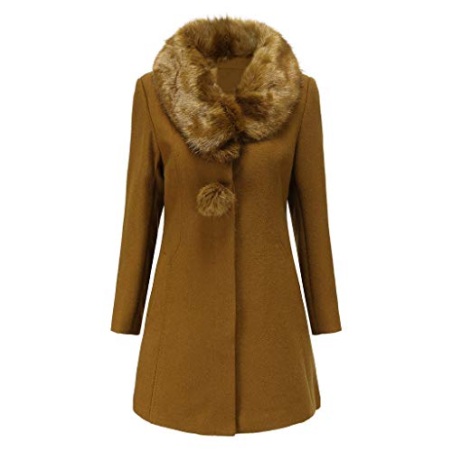 Women's Faux Fur Collar Long Pea Coat Warm Winter Long Sleeve Vintage Button Trench Wool Blend Coats Outwear Brown