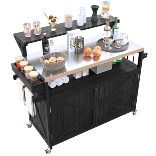 Hennhari Outdoor Kitchen Island with Stainless Steel Top & Raised Shelf, Rolling Grill Cart with Spice & Towel Rack, Outdoor Island Table with Storage Cabinet & Hooks (Black)