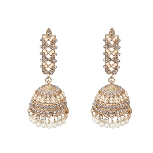 Bohemian Jhumki Bell Beaded Tassel Dangle Earrings for Women Vintage Ethnic Jhumka Crystal Indian Chandelier Statement Dangling Stud Traditional Gypsy Festival Jewelry (White)