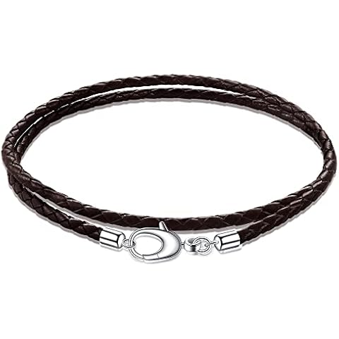 Genuine Italian Double Wrap Braided Leather Bracelet for Men Women, 3mm Black or Brown Mens Leather Bracelet Stainless Steel Clasp, Made in Italy, Small - 7" length, no gemstone Cover