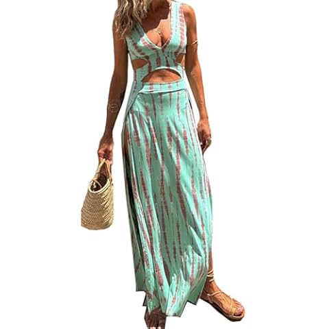 Recious Womens Sexy Sleeveless Cut Out Deep V Neck Printed Bodycon Party Clubwear Dress Blue Cover