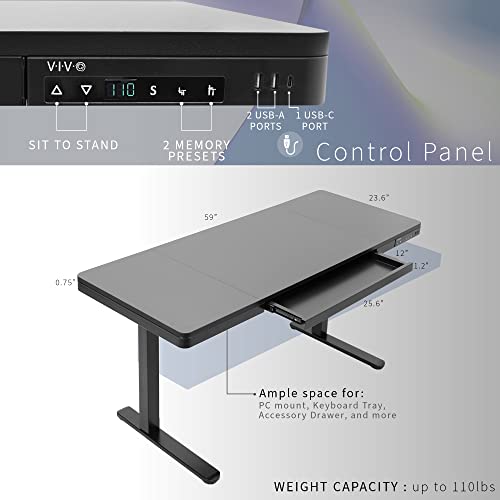 Vivo Electric Height Adjustable 60 X 24 Inch Stand Up Desk With Rear-Set Legs, Built-In Storage Drawer, Touch Panel Memory Controller, Usb Ports, Black Table Top, Black Frame, Desk-E-D60B #TOP3