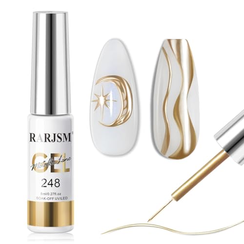 RARJSM Metallic Nail Art Gel Liner Bronze Gold Mirror Chrome 3D Effect 8ml Build in Thin Brush Metal Painting Drawing Striper Thin Brush Gel Polish Soak off UV LED Curing Requires for Home Salon