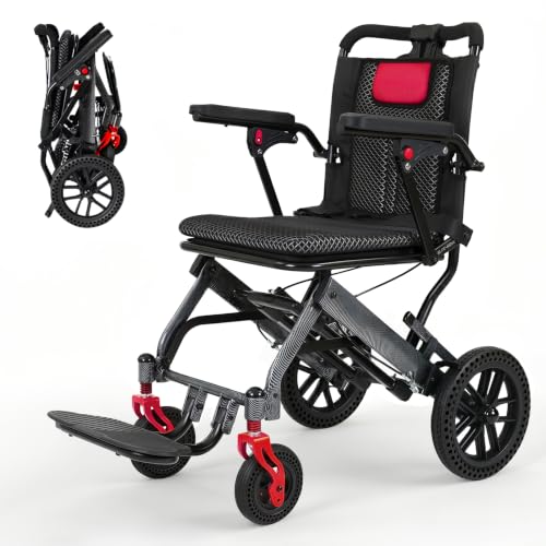 Image of SOFTFISH Wheelchairs for Adults with Foldable Footrest and Armrests, Narrow Transport Wheelchair Lightweight Foldable for Tight Spaces, 10 inch PU Wheel Chair for Travel Outing