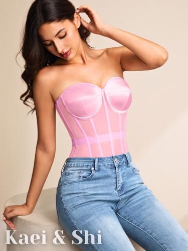 Image of Kaei&Shi Sheer Mesh Overbust Corset,Sexy Strapless Lace Up Satin Bra Corsets Top For Women Shapewear