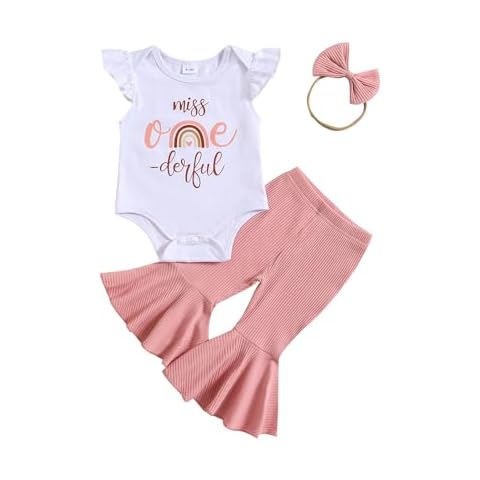 YOKJZJD Baby Girl 1st Birthday Outfit Onederful Short Sleeve Romper T-Shirt Tops Bell Bottom Pants Set 3Pcs Summer Clothes (Pink, 12-18 Months) Cover