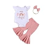 YOKJZJD Baby Girl 1st Birthday Outfit Onederful Short Sleeve Romper T-Shirt Tops Bell Bottom Pants Set 3Pcs Summer Clothes (Pink, 12-18 Months)
