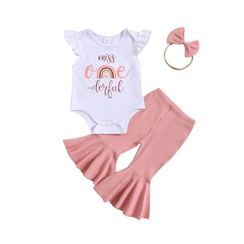 YOKJZJD Baby Girl 1st Birthday Outfit Onederful Short Sleeve Romper T-Shirt Tops Bell Bottom Pants Set 3Pcs Summer Clothes (Pink, 12-18 Months)
