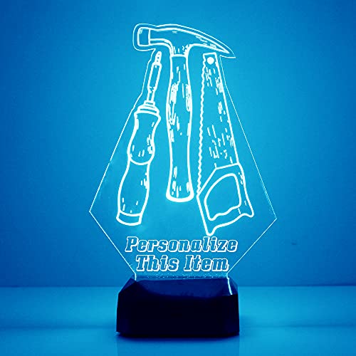 Custom Handyman's Construction Tools LED Sign Night Light Lamp with Remote, Light Up Display with Personalized Name or Image, Customized, Made in The USA, Clear Acrylic Home Decor, 16 Colors, 4 Modes