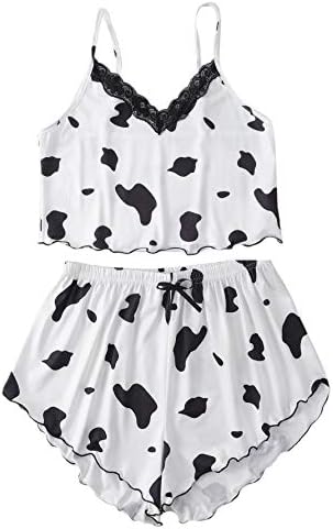 SheIn Women’s Cow Print Sleepwear Lace Frill Trim Crop Cami Top and Shorts Pajama Set