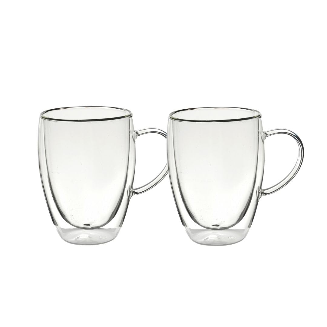 Straame Double Walled Coffee Glasses Mugs - Heat Resistant Borosilicate Glasses Mugs with Handle, for Coffee Tea Milk, Cappuccino, Latte Hot/Cold Drinks Juice Ice Cream (350ml, 2, Count)