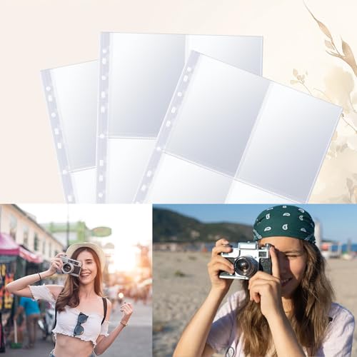 60 Pack A4 Fotohüllen mit 480 Taschen, Transparent Postkartenhüllen für A4 2/3/4 Ringbuch, Doppelseitiger Foto Seitenschutz mit 4 Fächern, Top Loading Fotoalbum Nachfüllseiten