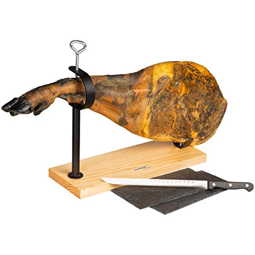 Foto von Steelblade - Schinkenhalter aus lackiertem Holz + Schinkenmesser + 2 Teller aus Naturschiefer, Schinkenhalter, robust, ideal für Schinken und Paletten
