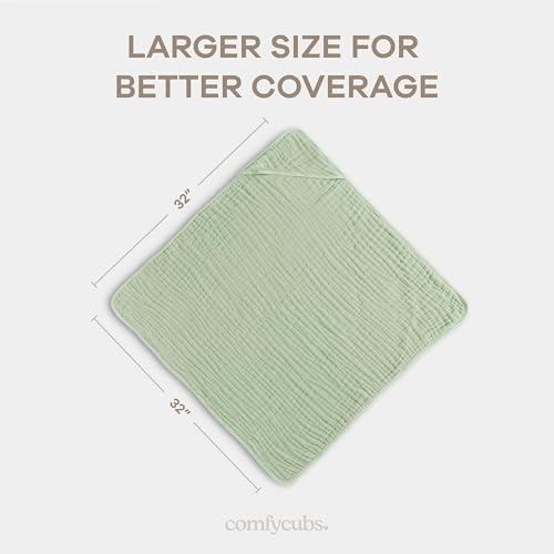 Image of Comfy Cubs Hooded Baby Towel 2-Pack, Large 32 x 32 Inch - 6 Layer 100% Muslin Cotton for Babies, Toddlers and Kids - Soft & Absorbent Baby Bath Towels - Unisex Design for Bath Time - Sage