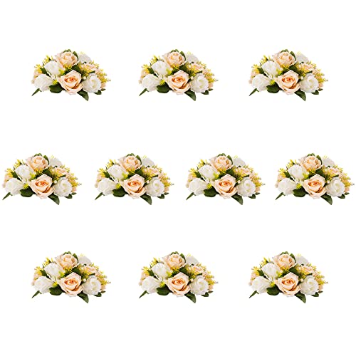 Inweder Bolas de Flores de Boda para Centros de Mesa - 2 Piezas Arreglo de Bolas de Flores Artificiales Bolas de Rosas de Seda con Base para la Decoración de la Mesa de la Casa Champán y Blanco Cover