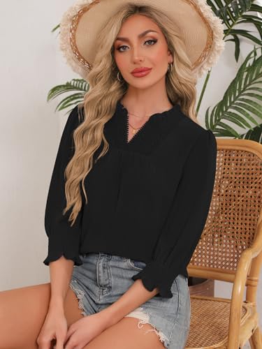 Funlingo 3/4 Length Sleeve Womens Tops Dressy Casual Blouses Boho Ruffle V Neck Lace Crochet T Shirts with Smocked Cuffs 2026 Fashion Clothing Black S — view 6