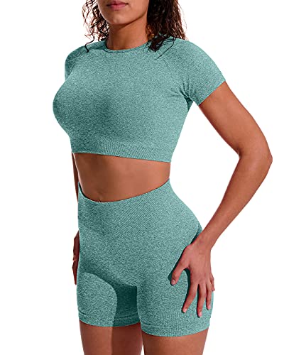 OYS Women s Yoga 2 Piece Outfits Workout Running Crop Top Seamless High Waist Sports Shorts Sets Dark Green