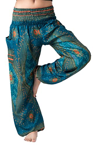 B Bangkok Pants Harem Pants Women Boho Clothes With Pockets (Green Peacockeye, One Size) #TOP2