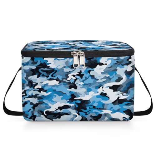 GzLeyigou Abstract Camo Skin Lunch Bags for Women Men 9 Cans, Hot & Cold Food Delivery Bag Insulated Grocery Bag Insulated Lunch Box Camouflage Blue White Cooler Bag for Office Work Picnic Beach