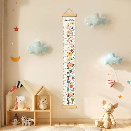 image for Woodemon Personalized Name Growth Chart for Kids, Flower Canvas Height