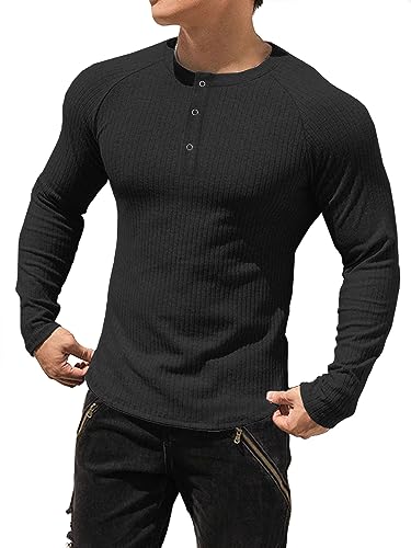 Muhshoiy Men's Cotton Muscle Henley Shirts Slim Fit Long Sleeve T-Shirt Stretchy Casual Stylish Ribbed Tee Black M