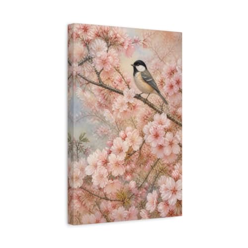 Toile oiseaux et cerisier rose 30x45cm impression verticale de haute qualité