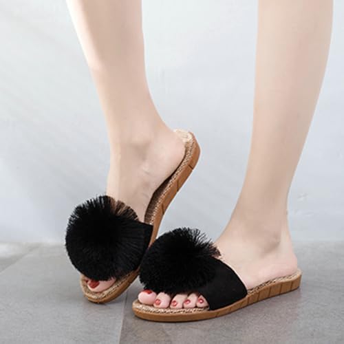Caistre Women's House Slippers Open Toe Linen Flat Slide Sandals Fluffy Pompom Cozy Flat Slippers Sandals Non-Slip Home Shoes 20252